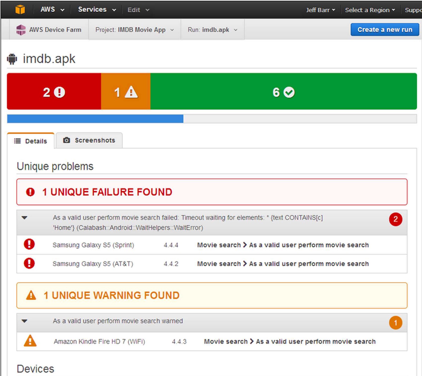 Screenshot of AWS Device Farm
