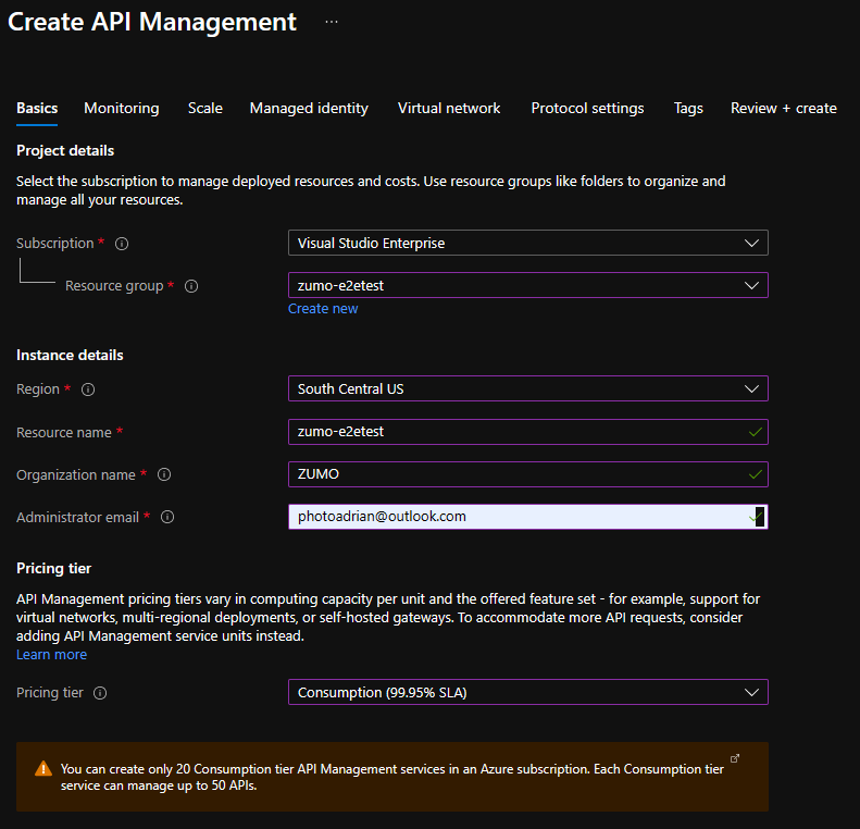 Creating a new APIM instance