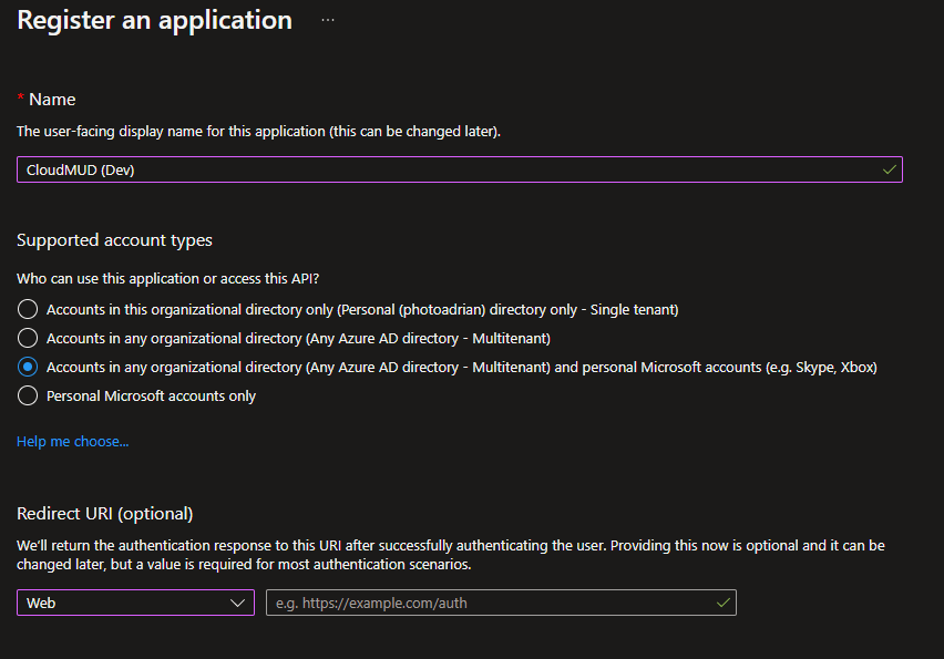 Screenshot to show registering an application