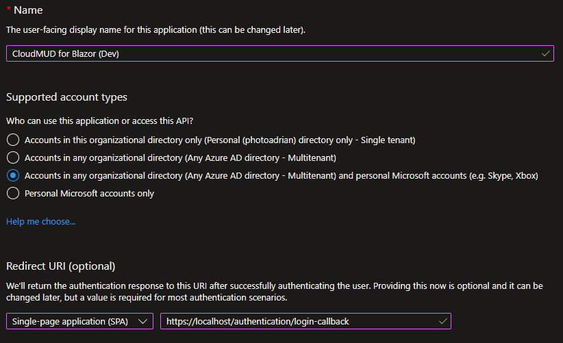 Screenshot to show registering an application